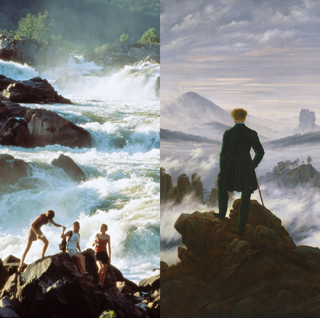 a photograph of three girls in front of the Great Falls of the Potomac, alongside Caspar Friedrich's Wanderer above the Sea of Fog